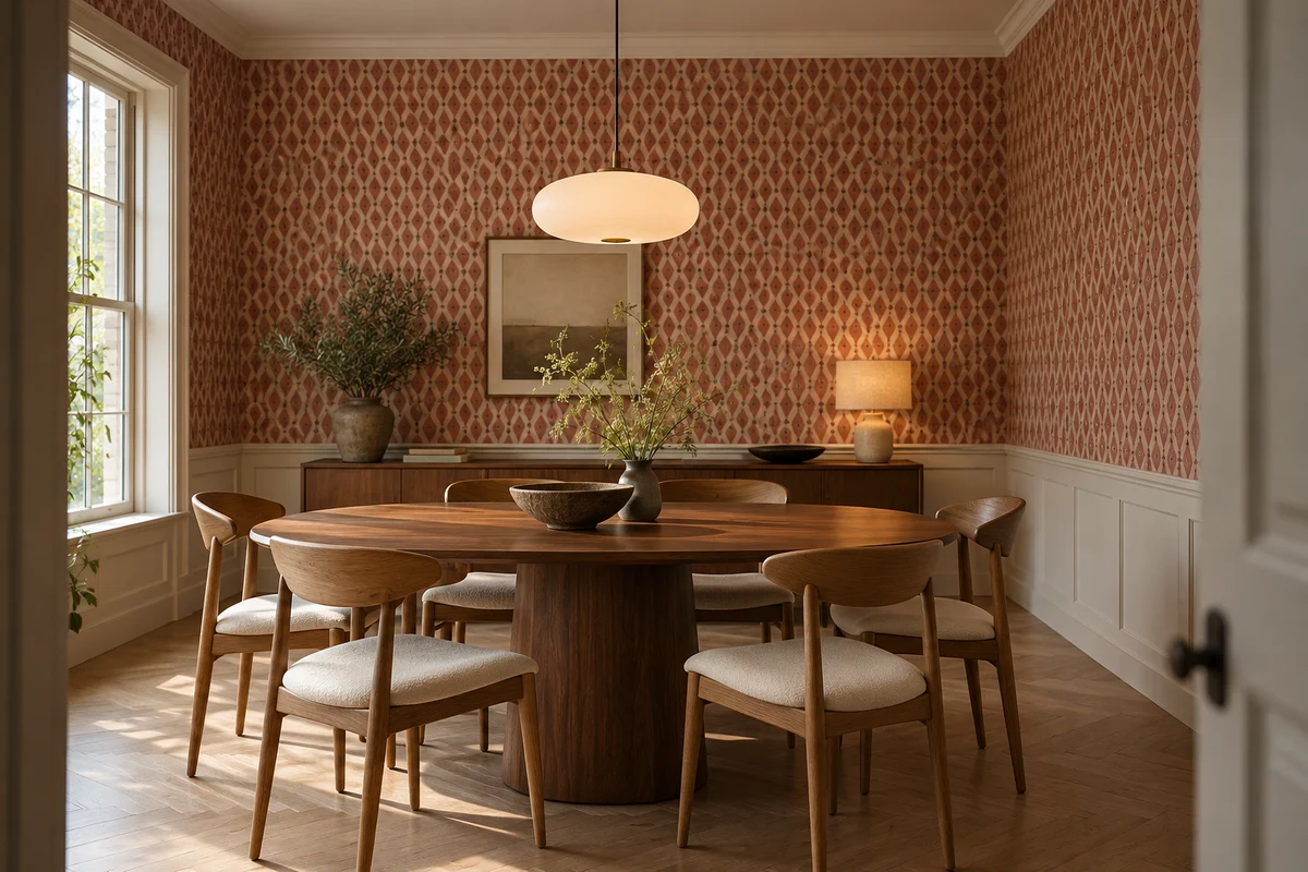 A dining room with rust-colored geometric wallpaper above paneling and a round wood table.