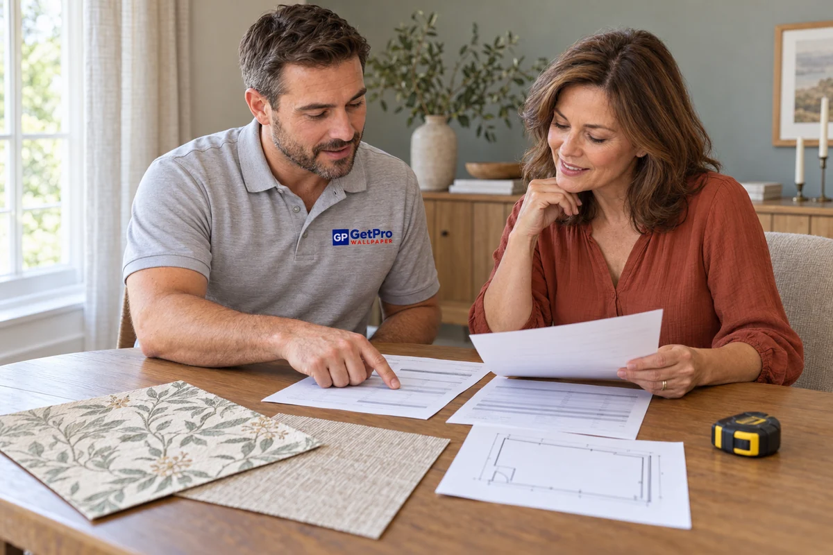 Two people comparing wallpaper samples, an installation brief and paperwork at a table.
