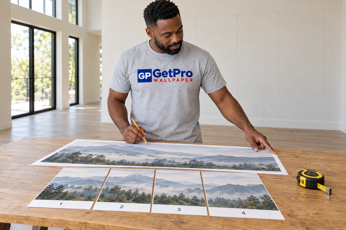 A person in a GetPro Wallpaper shirt reviewing a landscape mural proof and four numbered panels on a worktable.